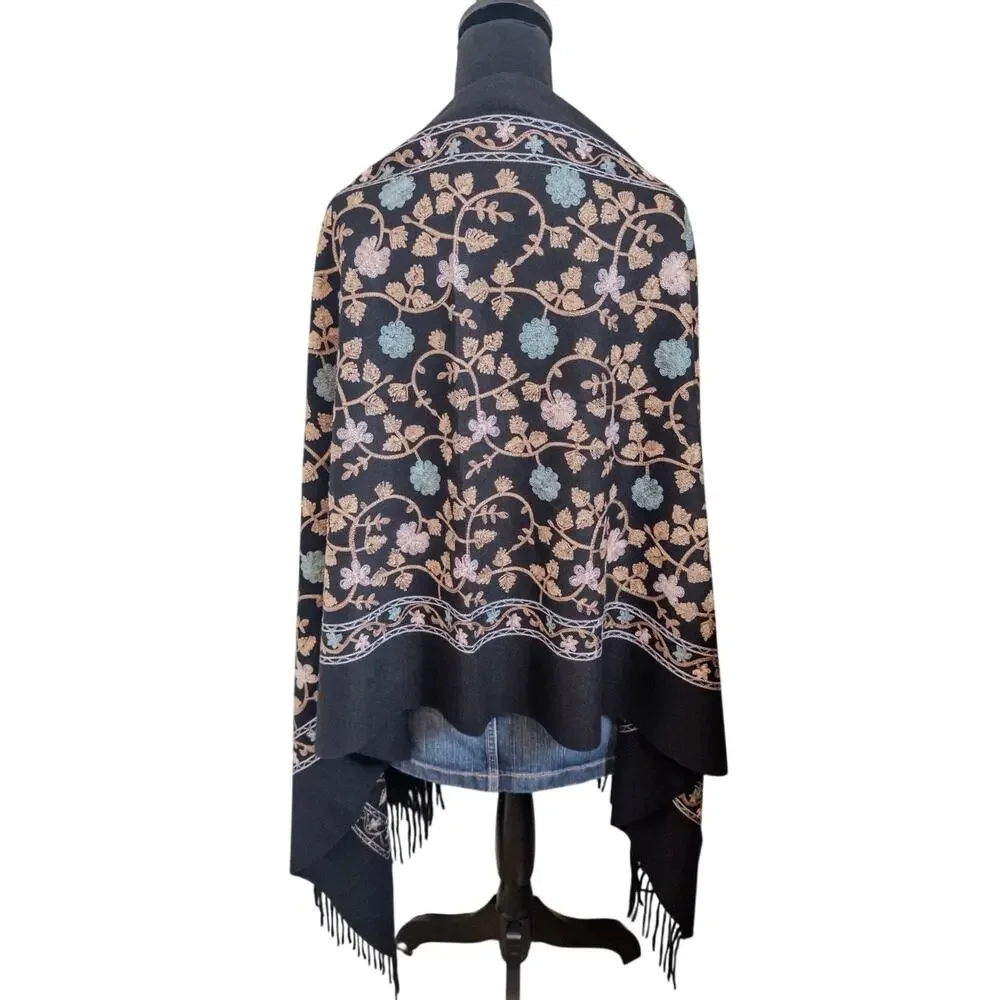 100% Cashmere Embroidered Shawl Wrap Scarf Black Floral Fringe Large